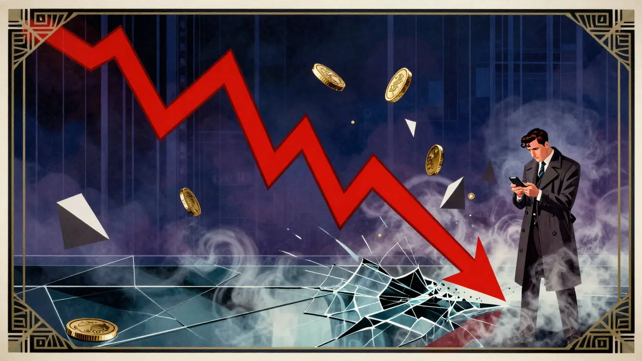 Art Deco style graphic showing a crashing red stock chart and dissolving coins symbolizing volatility.
