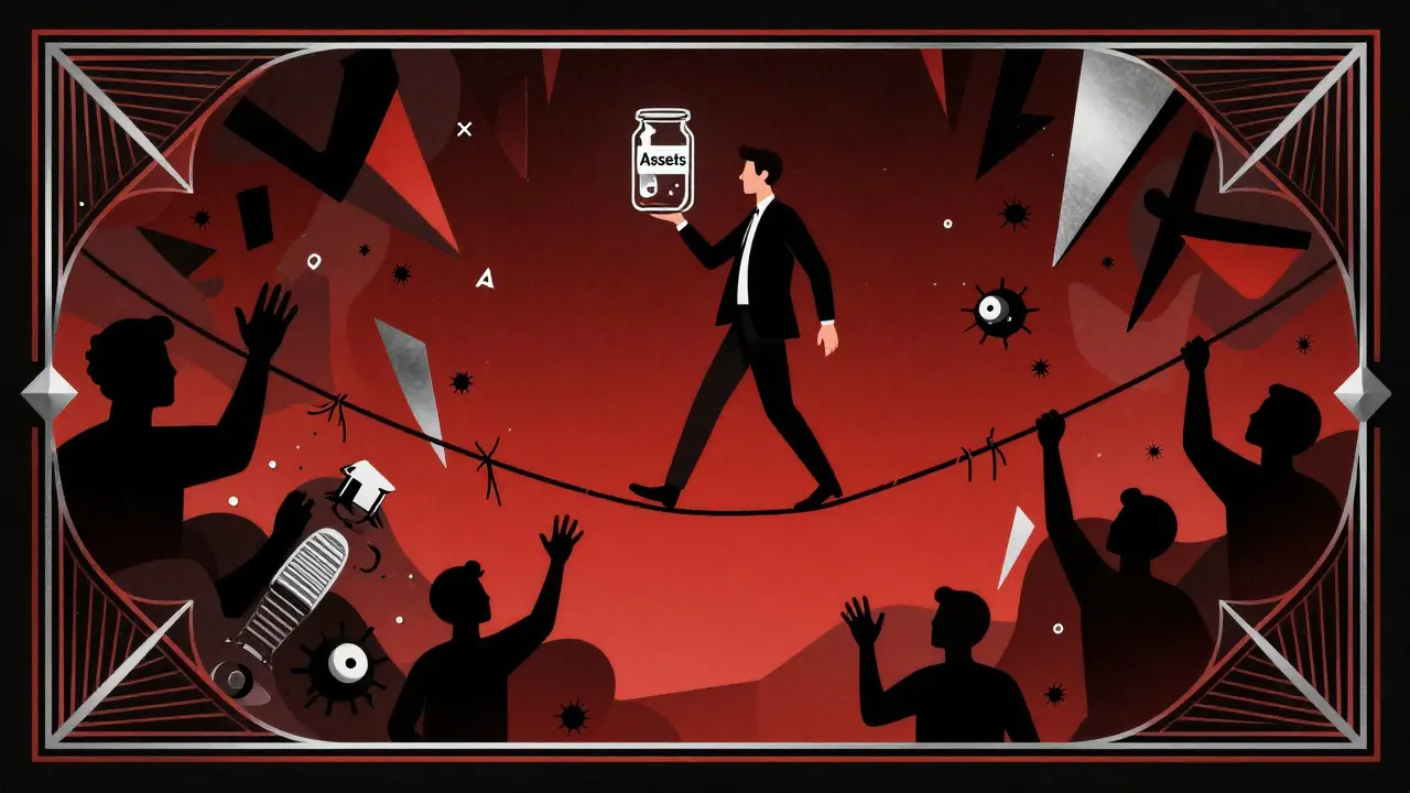 Art Deco style image of a person balancing on a tightrope over financial risks