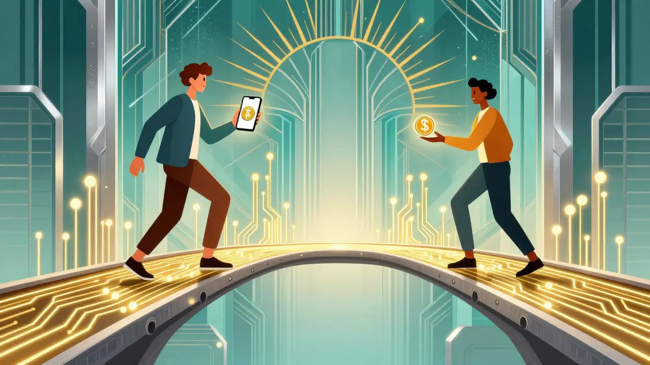 Art Deco style image of people sending crypto across a digital bridge