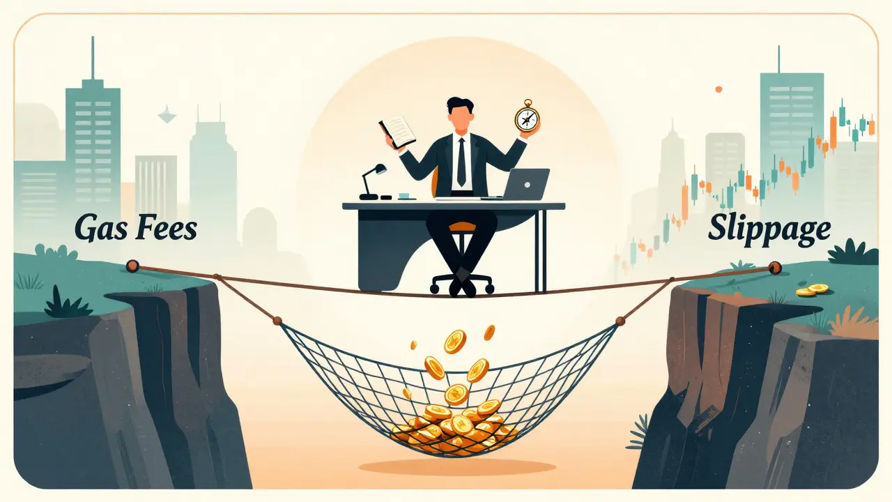 Art Deco trader balancing on a tightrope between fees and slippage, highlighting crypto trading strategy.