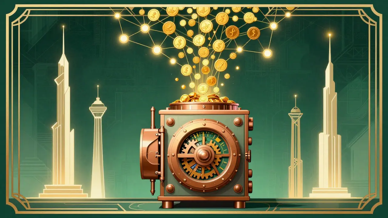 Art Deco vault with gears distributing tokens to network nodes
