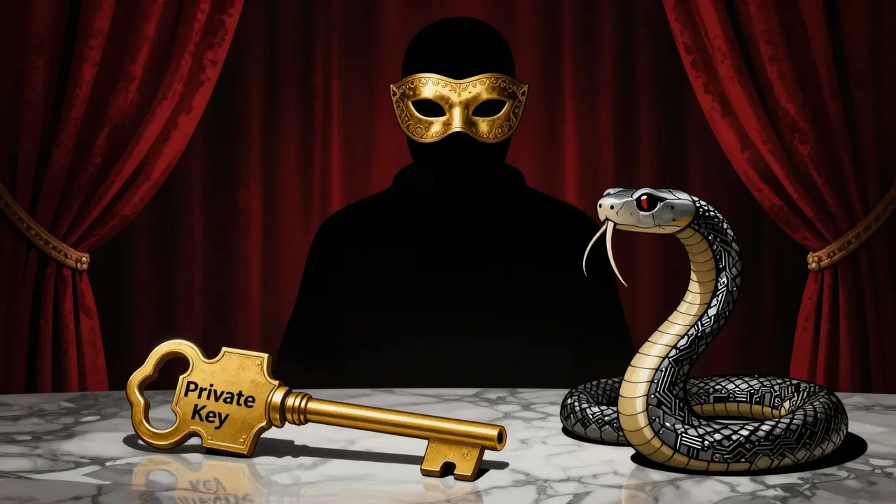 Art Deco warning image with a masked figure and a snake approaching a golden private key.