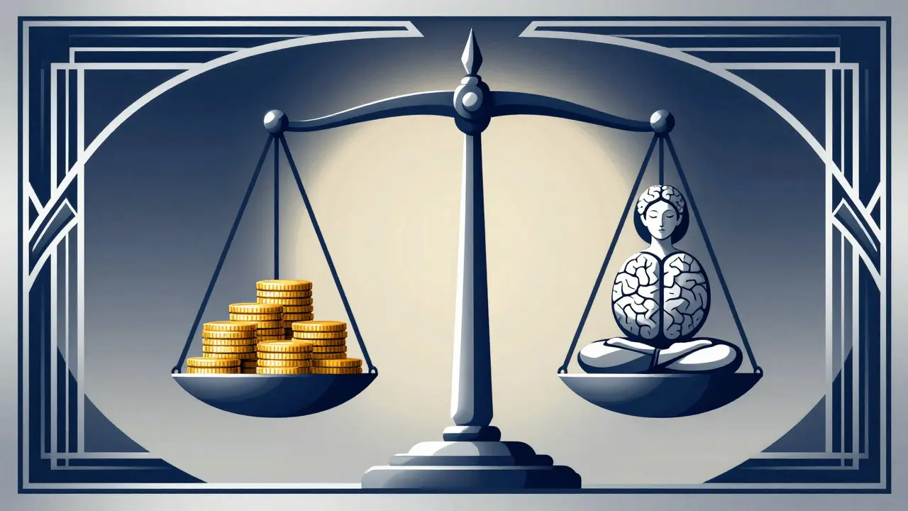 Balanced scale with coins and protected brain in Art Deco frame