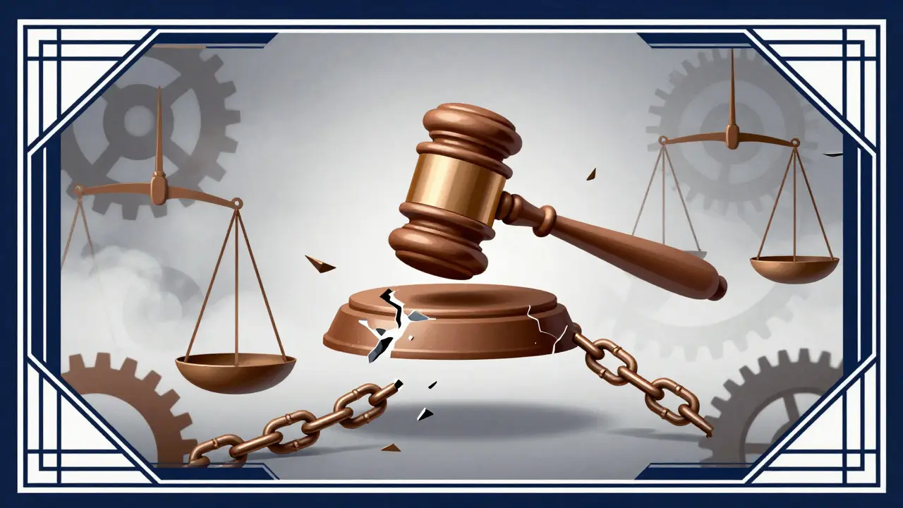 Broken chains and unbalanced scales symbolizing lack of regulation