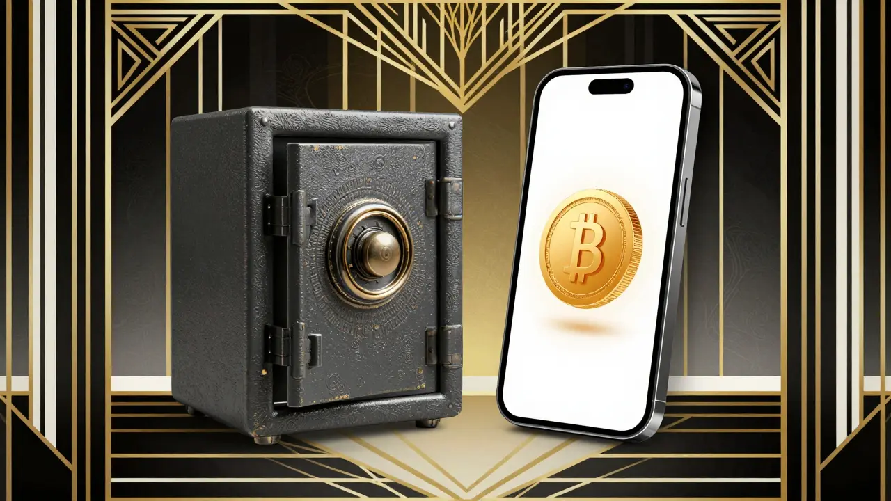 Comparison of heavy safe vs digital phone holding gold token, Art Deco