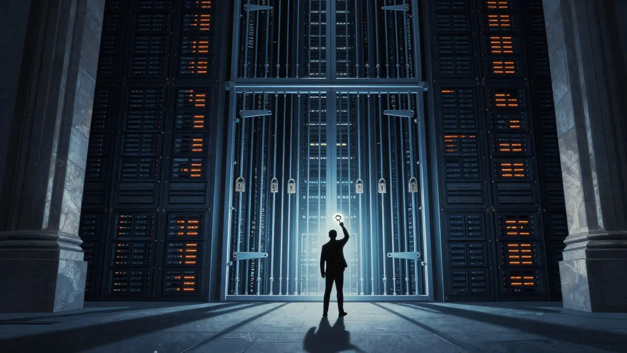 Figure facing a locked digital wall representing lack of utility