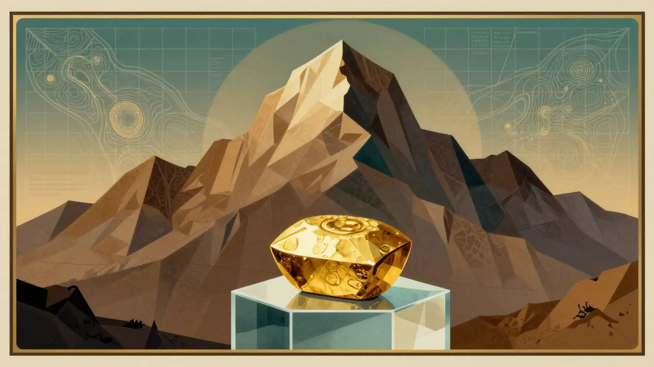 Geometric mountain and glass pedestal with gold nugget, Art Deco style