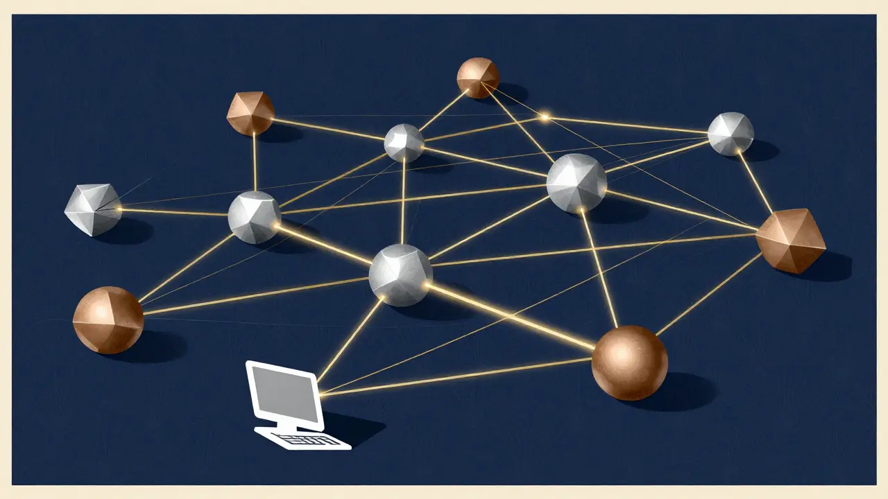 Geometric nodes connected by golden threads in Art Deco style