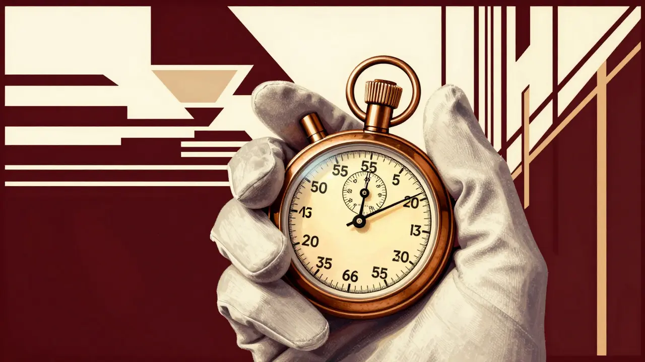 Gloved hand holding glowing stopwatch with abstract background