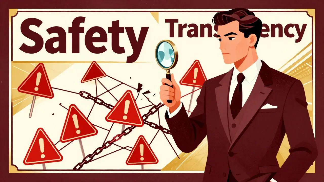 Investor examining red warning signs in Art Deco style cautionary art