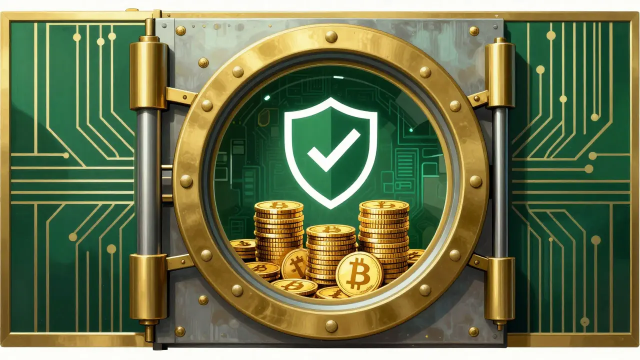 Secure vault with crypto coins and shield symbol in Art Deco style