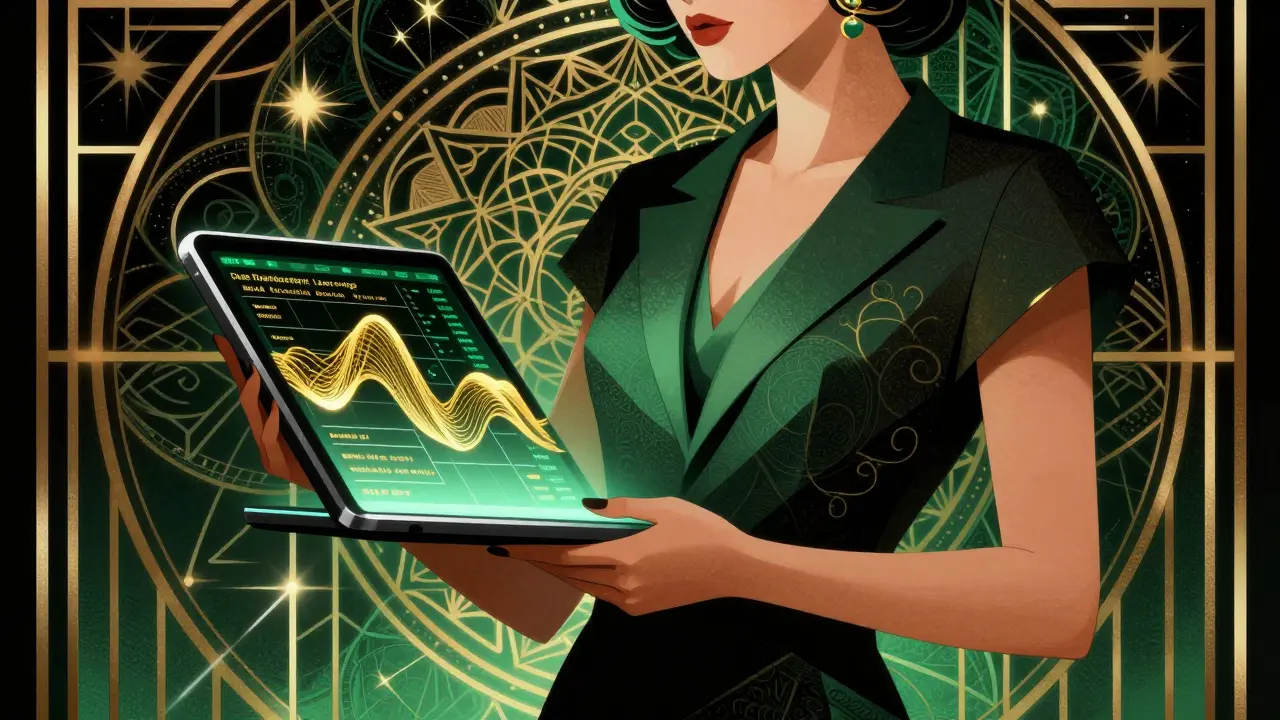 Stylized Art Deco figure holding a tablet with golden data waves, representing AI-driven liquidity management.