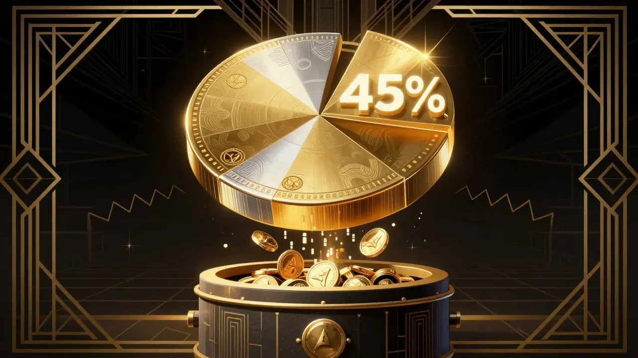 Stylized art deco graphic showing a glowing pie chart segment and falling coins for staking rewards.