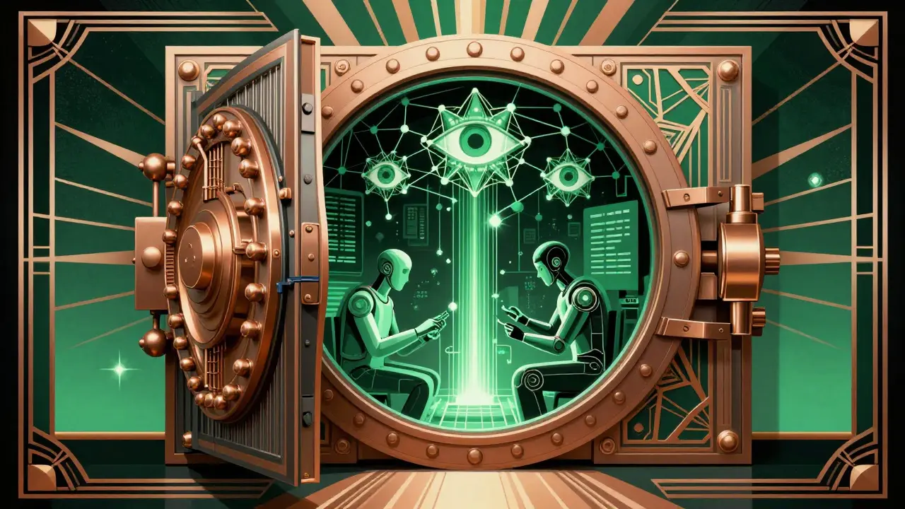 Stylized vault opening to reveal AI-driven blockchain analytics and data streams.