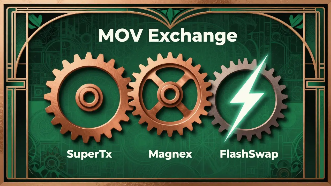 Three interlocking Art Deco gears representing SuperTx, MagnEx, and FlashSwap products