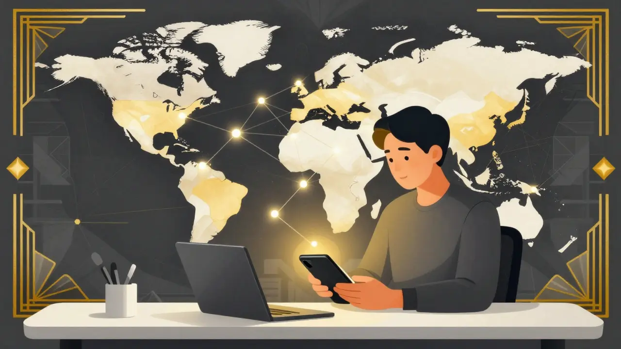 Trader connecting wallet to global Art Deco network nodes for cross-chain trading