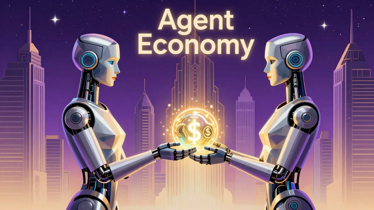 Two AI agents exchanging value autonomously in a futuristic cityscape
