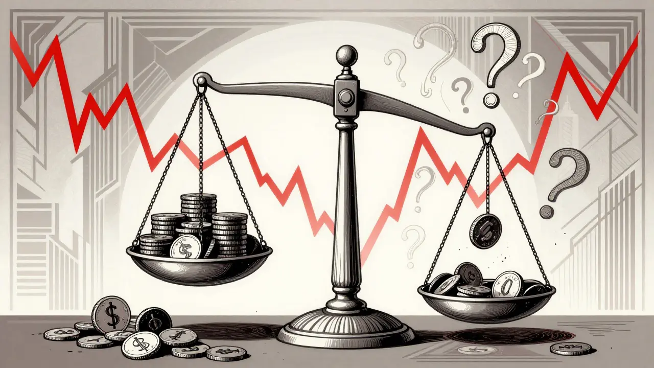 Unbalanced scales showing crypto market volatility and risk