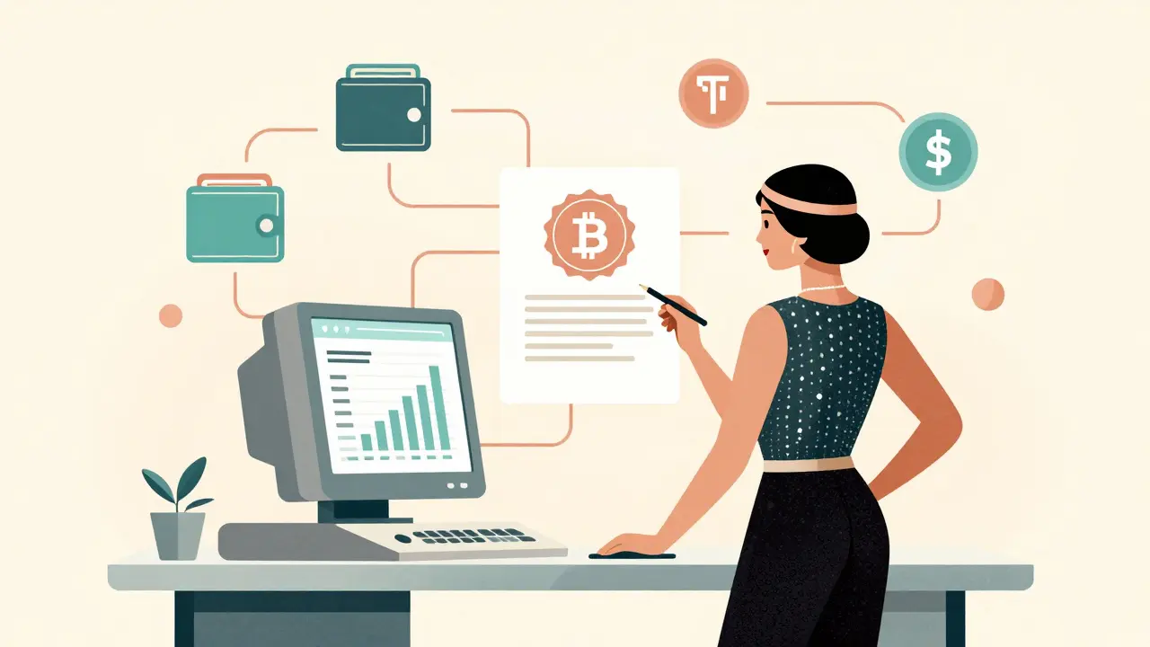 User managing crypto assets on a terminal with floating token icons in Art Deco style.