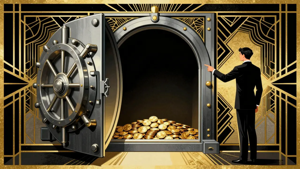 Vintage Art Deco art showing an open vault mostly empty, representing inefficient capital usage.