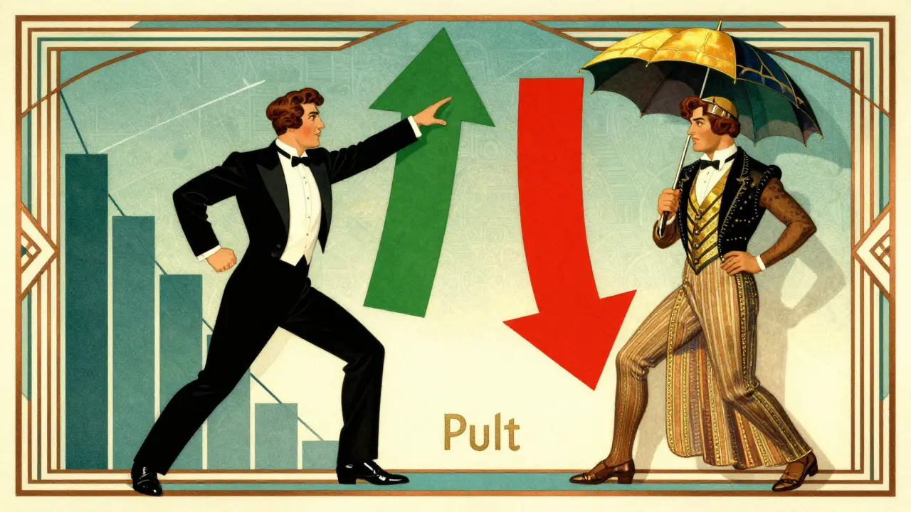 Vintage style art showing bullish call options and bearish put options side by side.