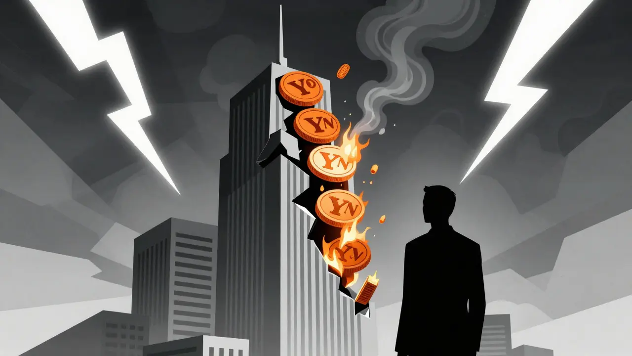Art Deco art showing YON tokens burning away from a tower, symbolizing risk.