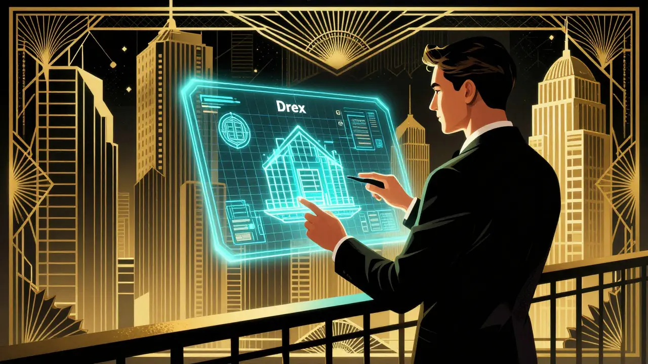 Art Deco businessman viewing Drex blockchain blueprint in city