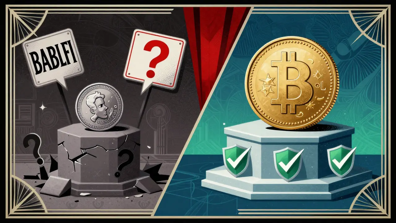 Art Deco comparison illustration showing a fragile BABYWLFI token versus a secure, established cryptocurrency.