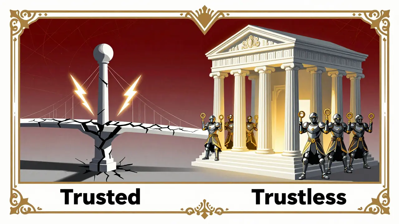 Art Deco comparison of fragile trusted bridges versus secure decentralized ones.