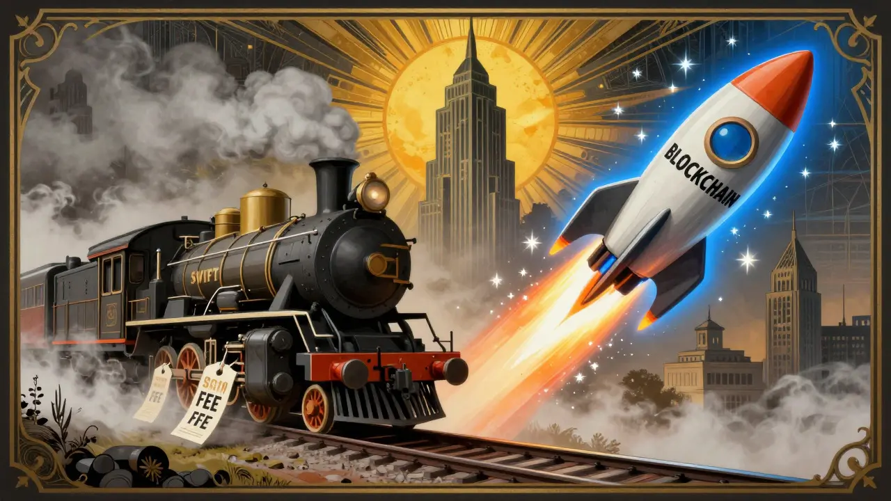 Art Deco comparison of slow steam train versus fast rocket for payment systems