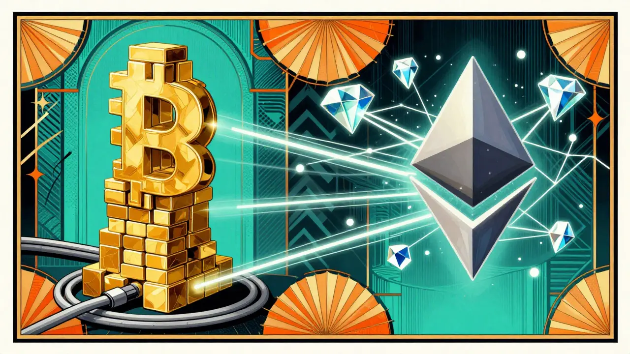 Art Deco comparison of static Bitcoin nodes and dynamic Ethereum validator connections.
