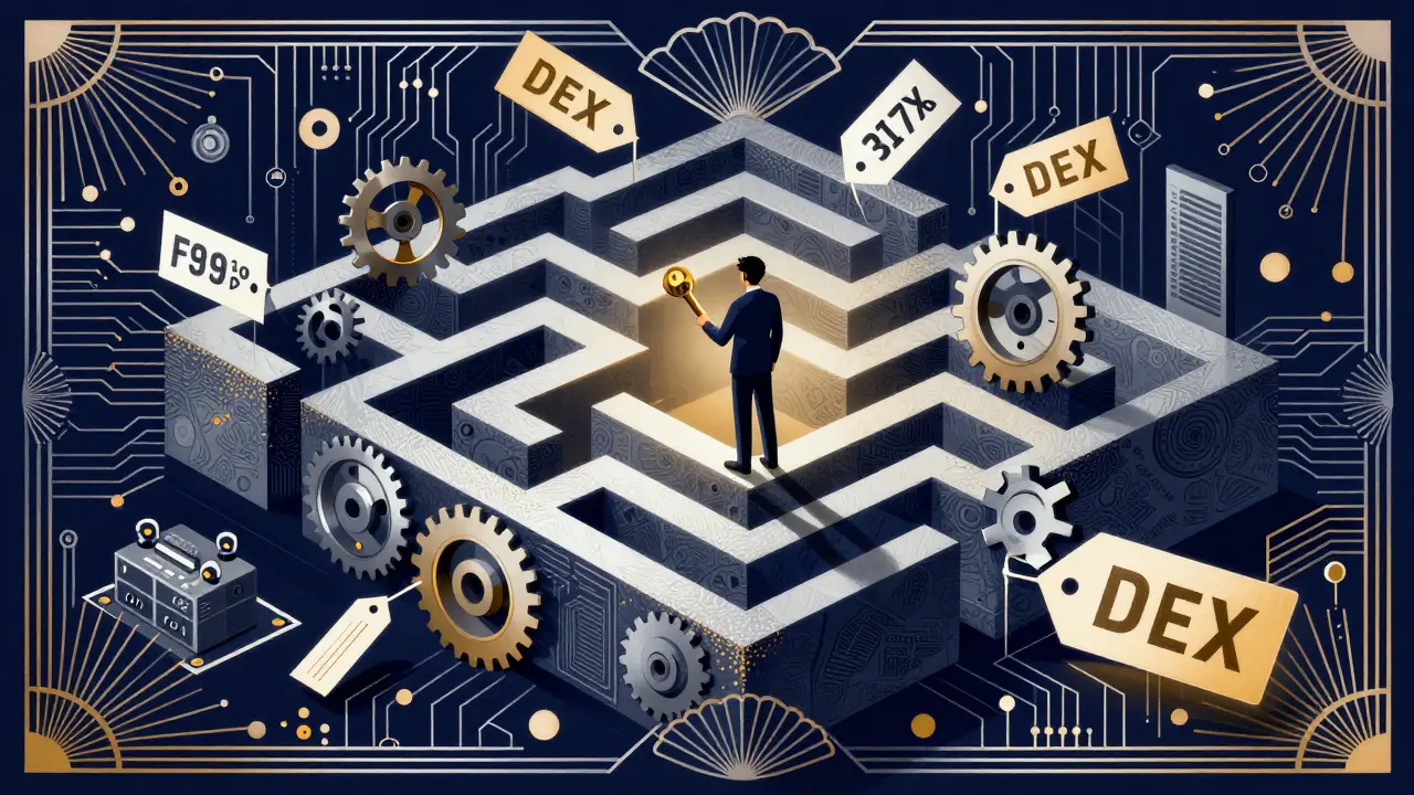 Art Deco depiction of a complex maze representing decentralized crypto trading.