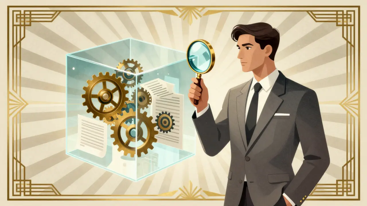 Art Deco figure inspecting a transparent blockchain cube for compliance.