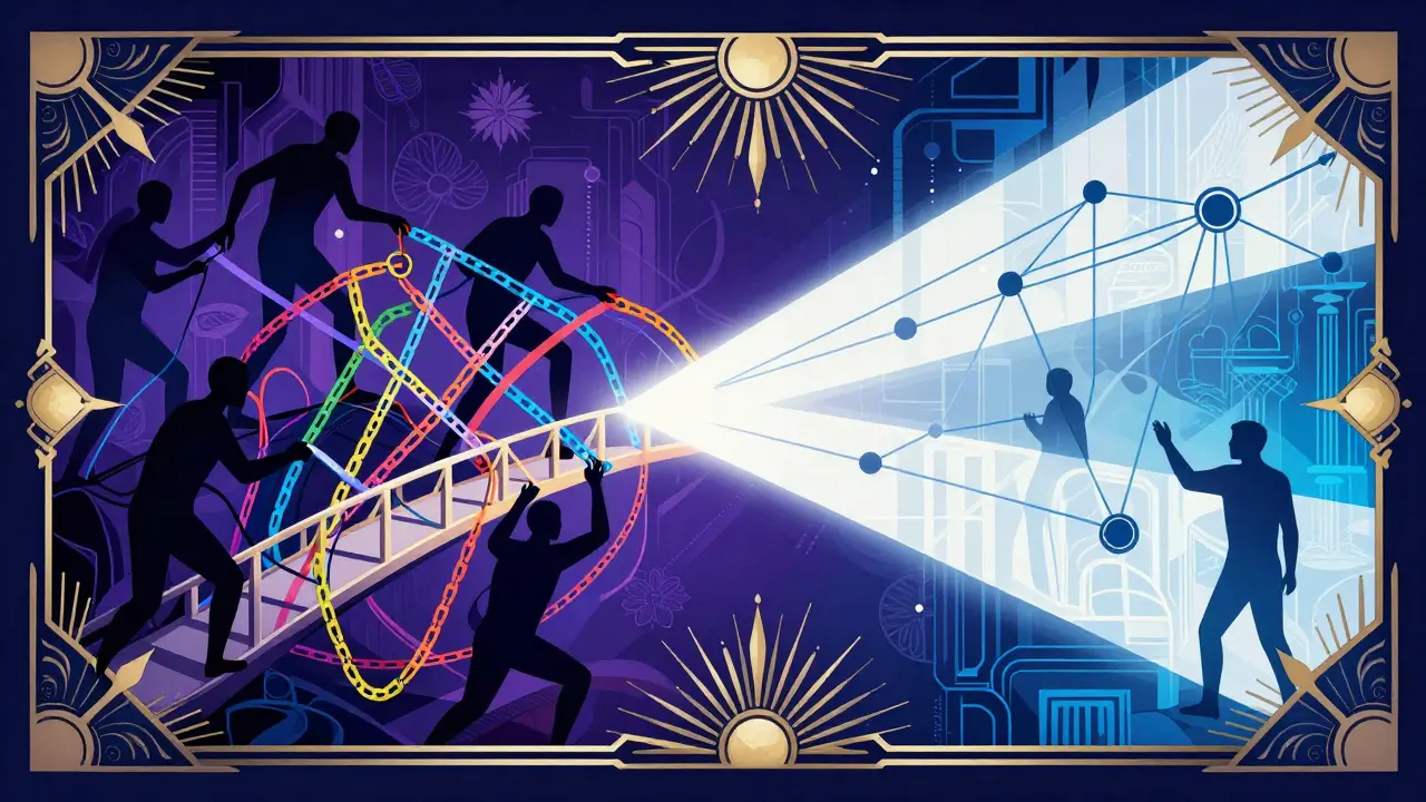 Art Deco graphic depicting light cutting through tangled chains to trace crypto money.