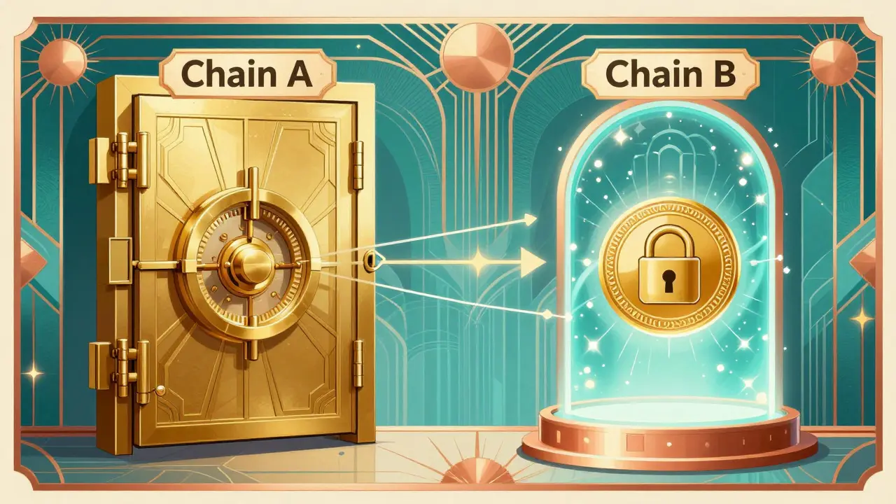 Art Deco graphic showing assets locked in one chain and minted in another.