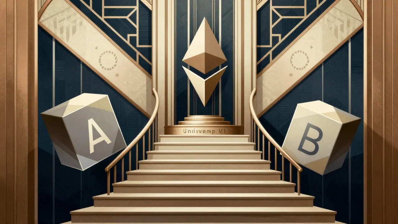 Art Deco graphic showing inefficient token routing through a central Ethereum hub on a staircase.