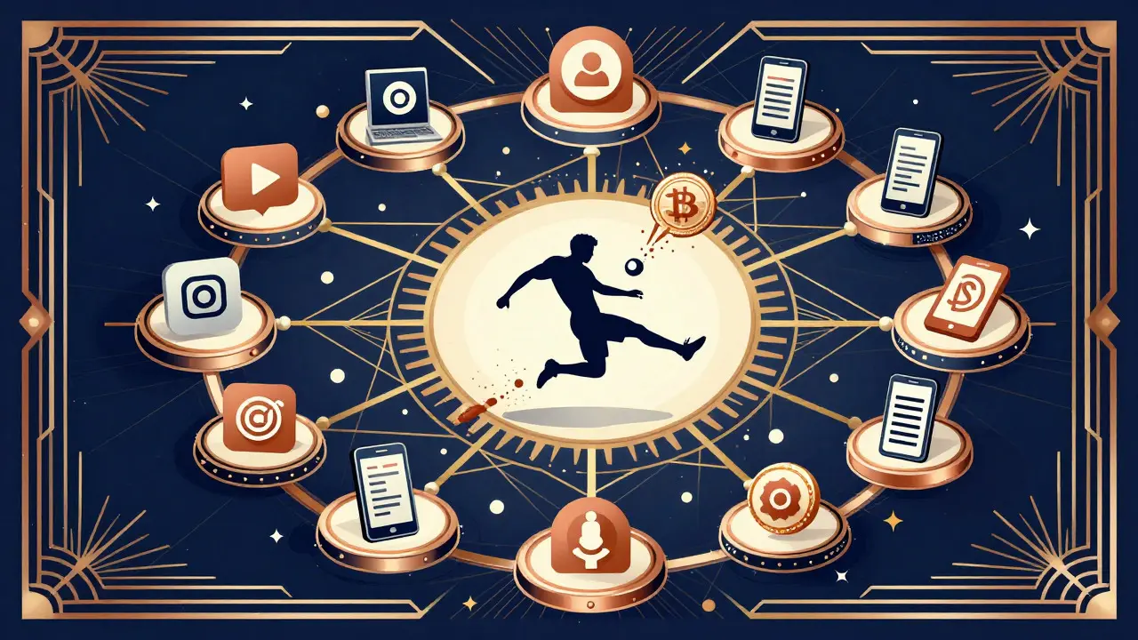 Art Deco graphic showing interconnected digital platforms and a football player kicking a token.