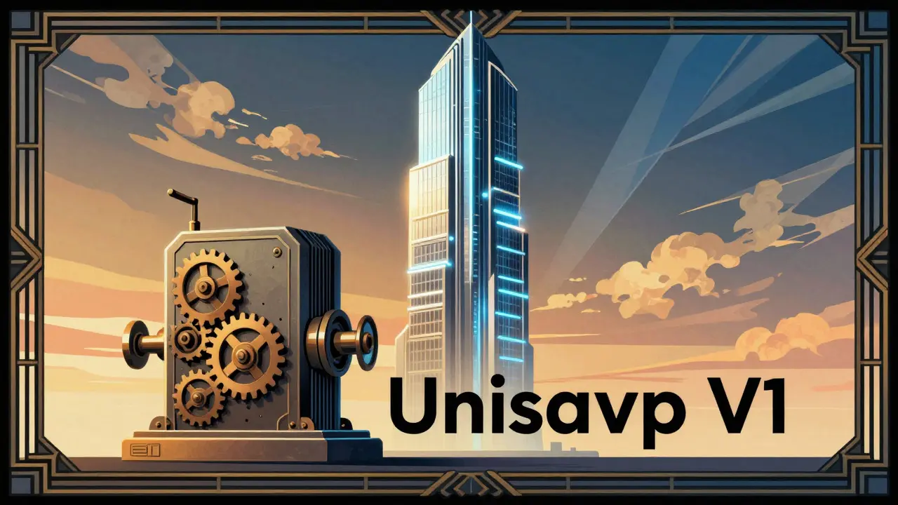 Art Deco illustration contrasting primitive V1 crypto machinery with a sleek modern DeFi skyscraper.