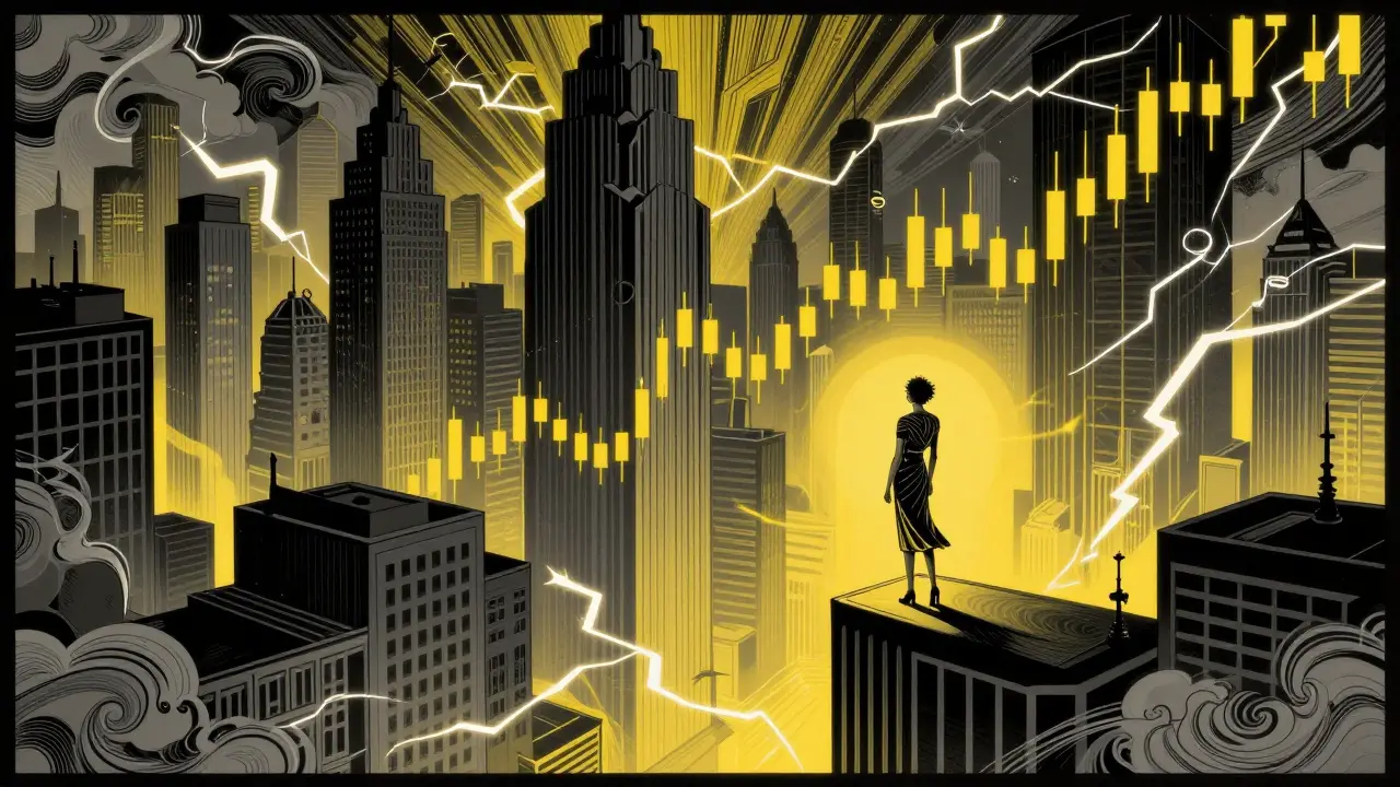 Art Deco illustration of a trader overlooking a volatile cityscape resembling stock charts.