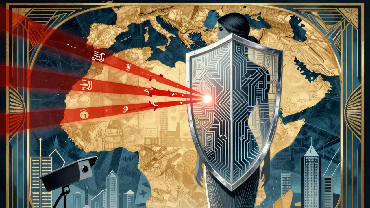 Art Deco illustration of a user protected by a VPN shield from surveillance