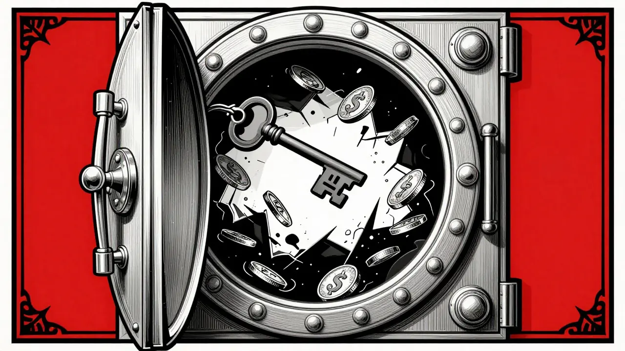 Art Deco illustration of a vault unlocking as crypto assets drain away through cracks.