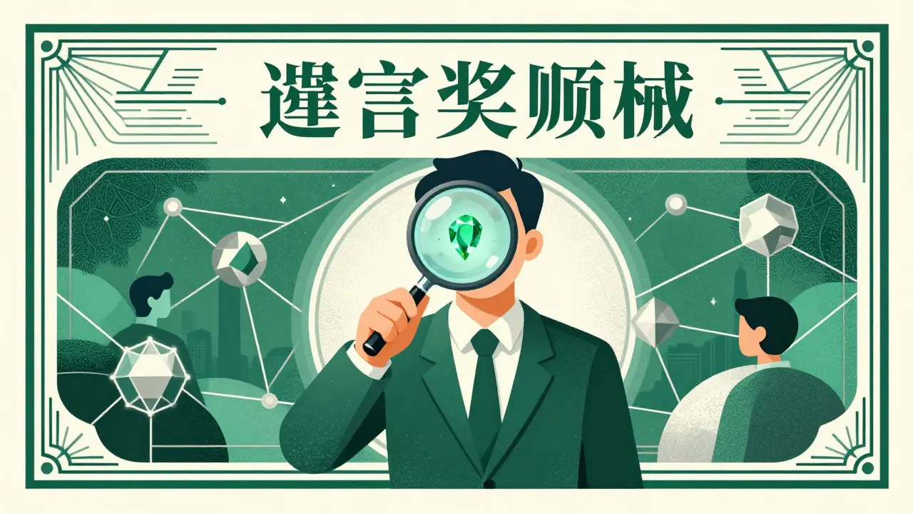 Art Deco illustration of a whistleblower receiving a glowing gem reward for reporting errors.