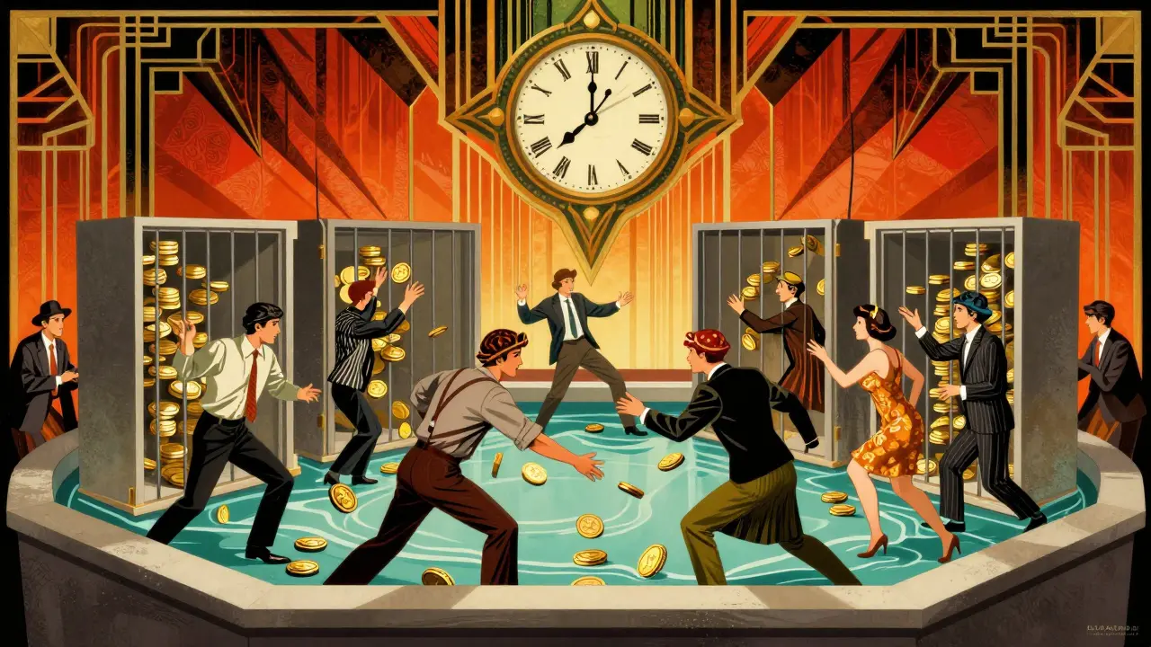 Art Deco illustration of investors struggling with heavy coins in a shrinking liquidity pool, symbolizing trading risks.