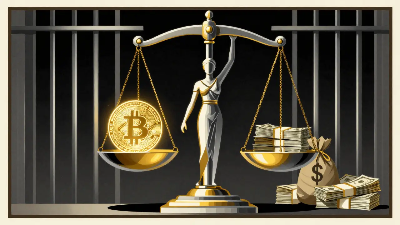 Art Deco illustration of scales weighing crypto against prison bars and fines