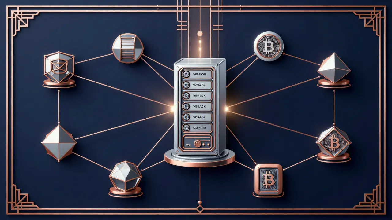 Art Deco illustration showing structured data exchange and node handshakes in a crypto network.