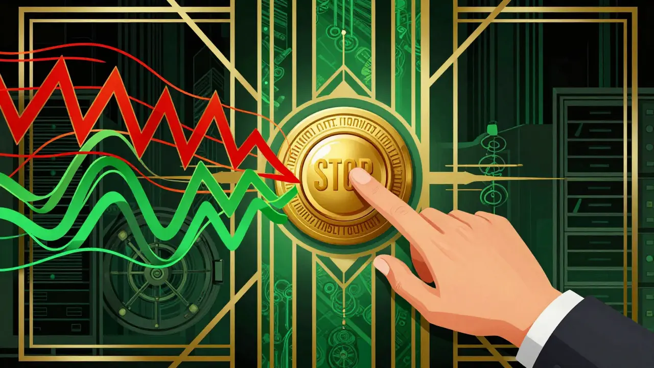 Art Deco poster showing a hand pressing a golden button to freeze illicit digital funds.