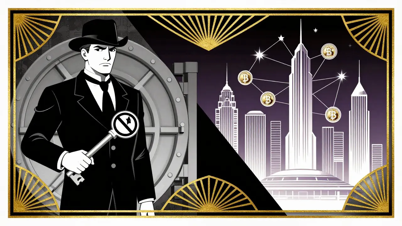 Art Deco poster showing conflict between government control and blockchain tech