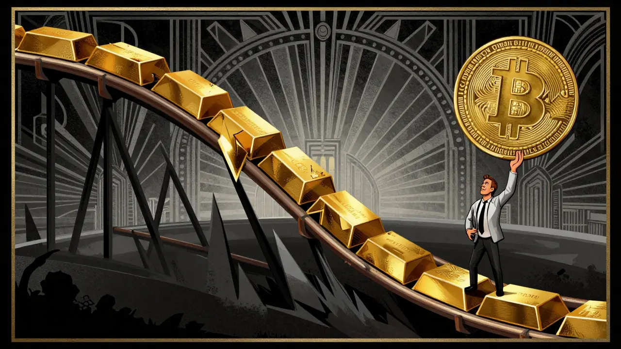 Art Deco rollercoaster metaphor for crypto market volatility