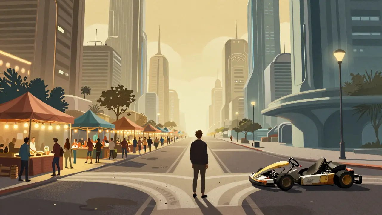 Art Deco scene of a player choosing between active games and a quiet legacy project