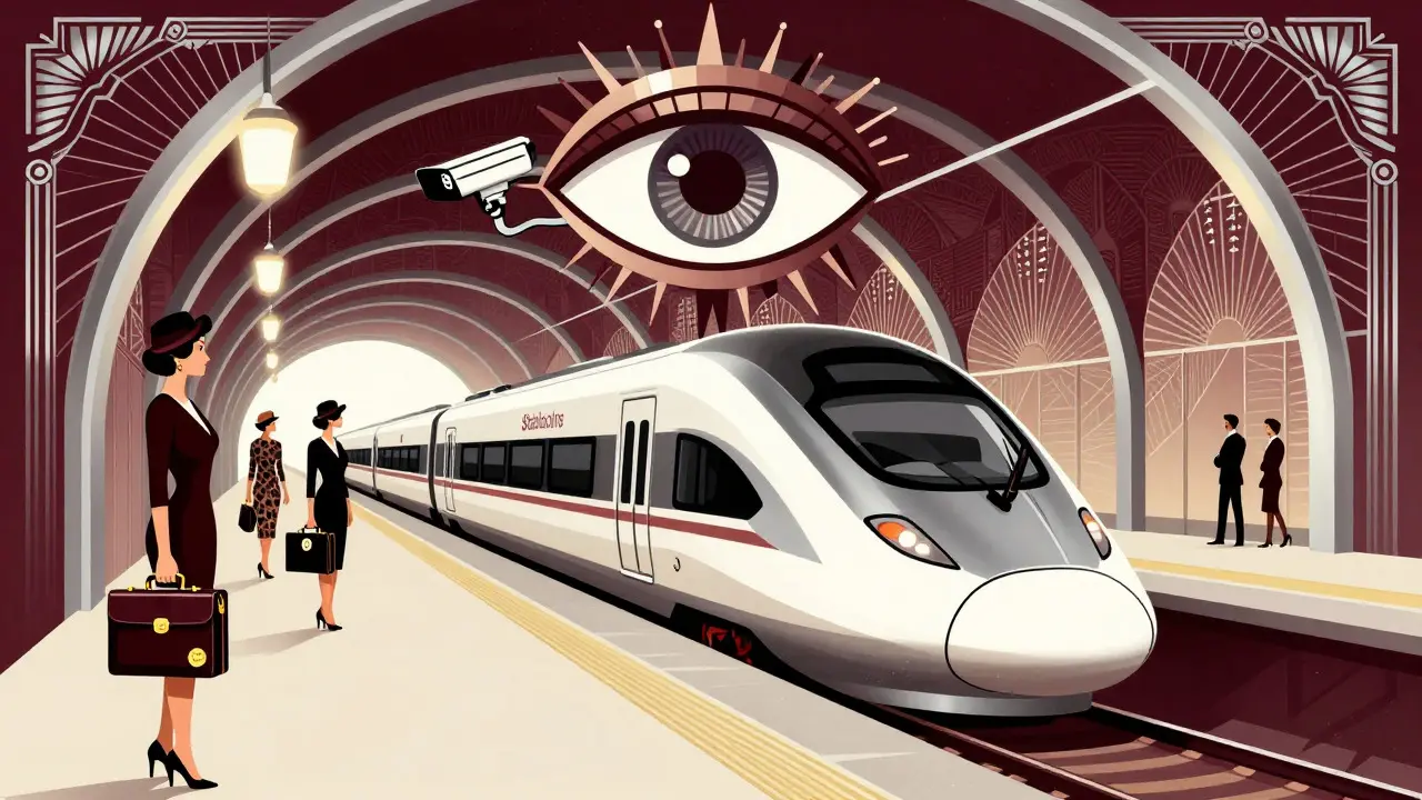 Art Deco scene of stablecoin trains under COAF surveillance eye